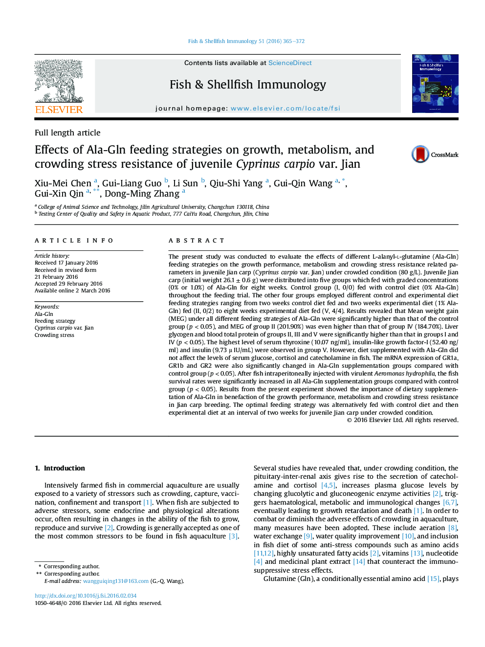 Effects of Ala-Gln feeding strategies on growth, metabolism, and crowding stress resistance of juvenile Cyprinus carpio var. Jian