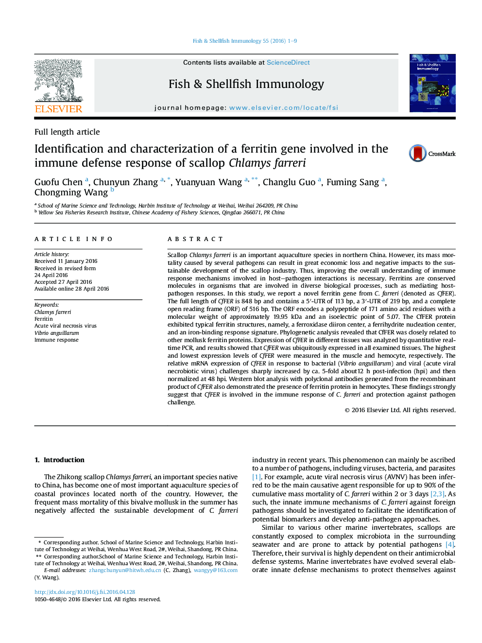 Identification and characterization of a ferritin gene involved in the immune defense response of scallop Chlamys farreri