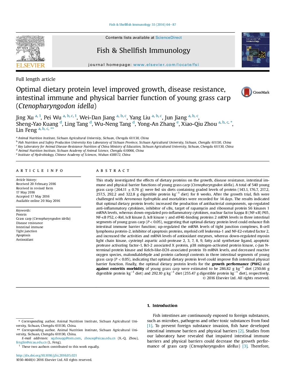 Optimal dietary protein level improved growth, disease resistance, intestinal immune and physical barrier function of young grass carp (Ctenopharyngodon idella)