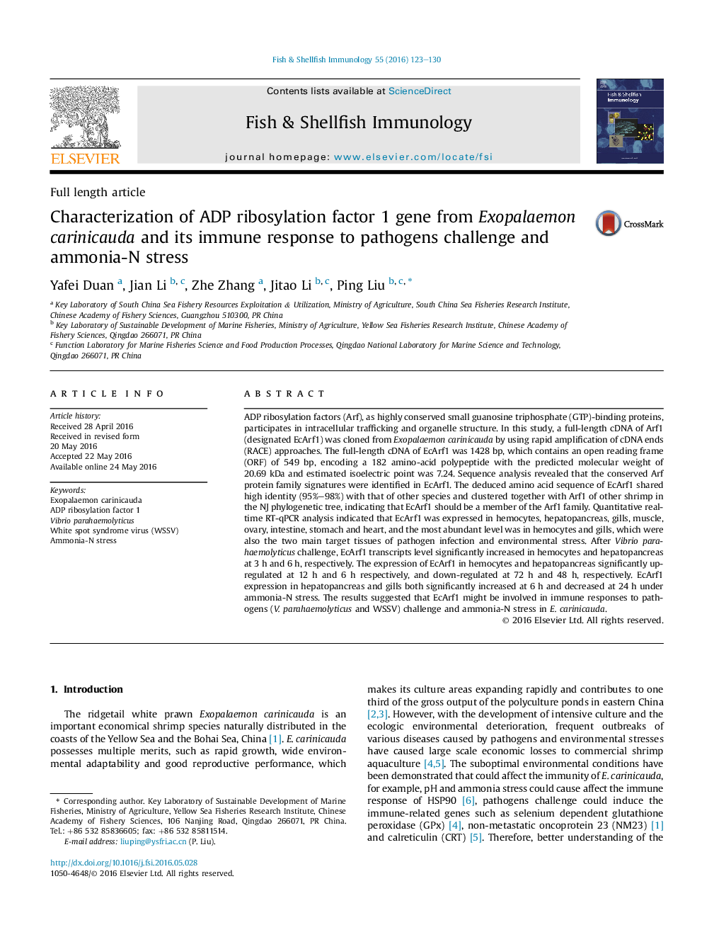 Characterization of ADP ribosylation factor 1 gene from Exopalaemon carinicauda and its immune response to pathogens challenge and ammonia-N stress