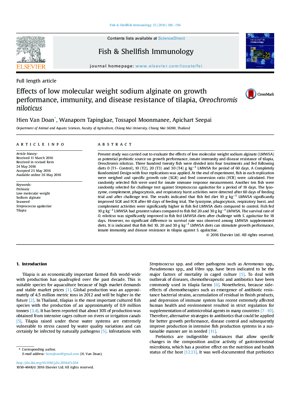 Effects of low molecular weight sodium alginate on growth performance, immunity, and disease resistance of tilapia, Oreochromis niloticus