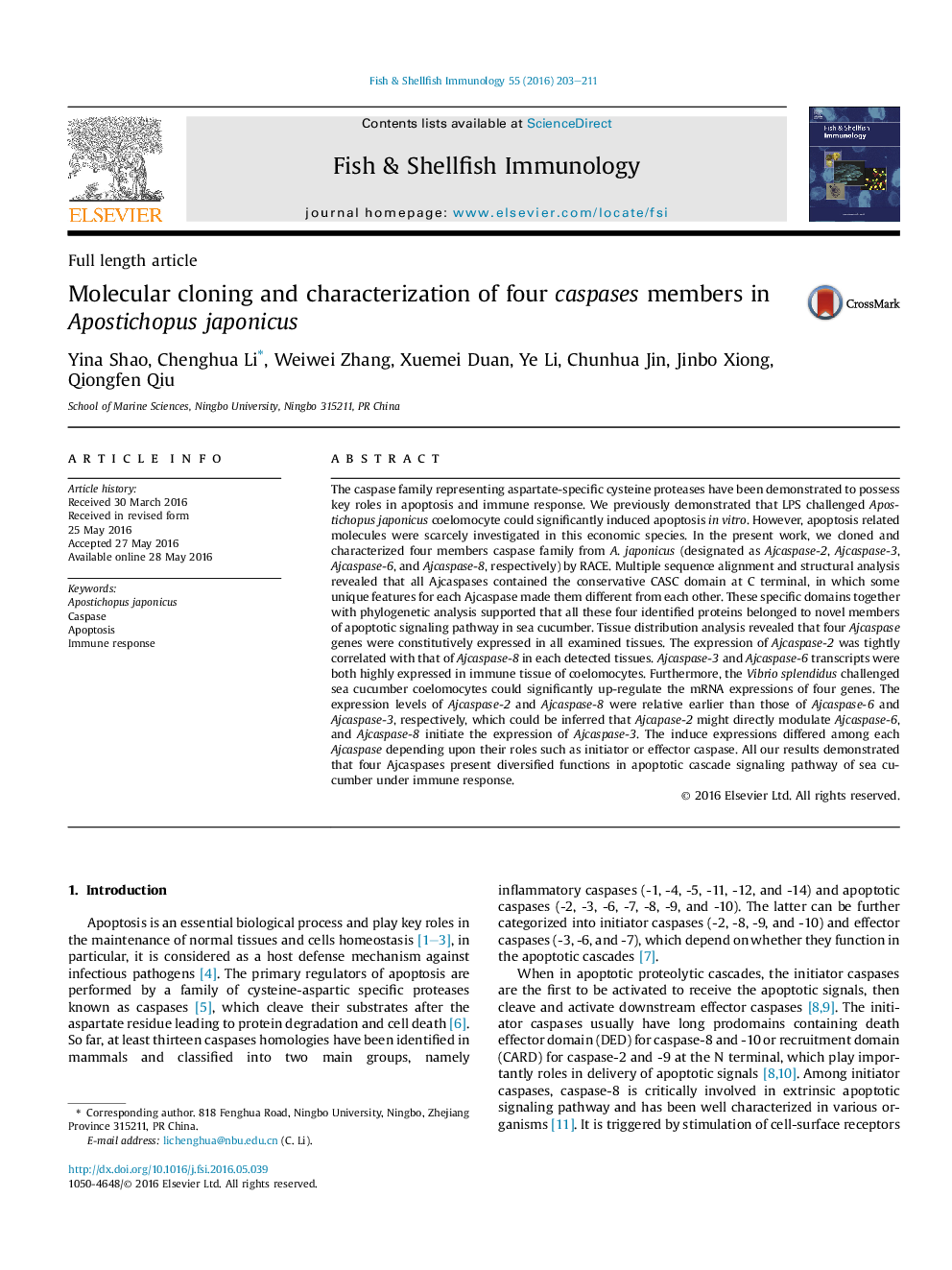 Molecular cloning and characterization of four caspases members in Apostichopus japonicus