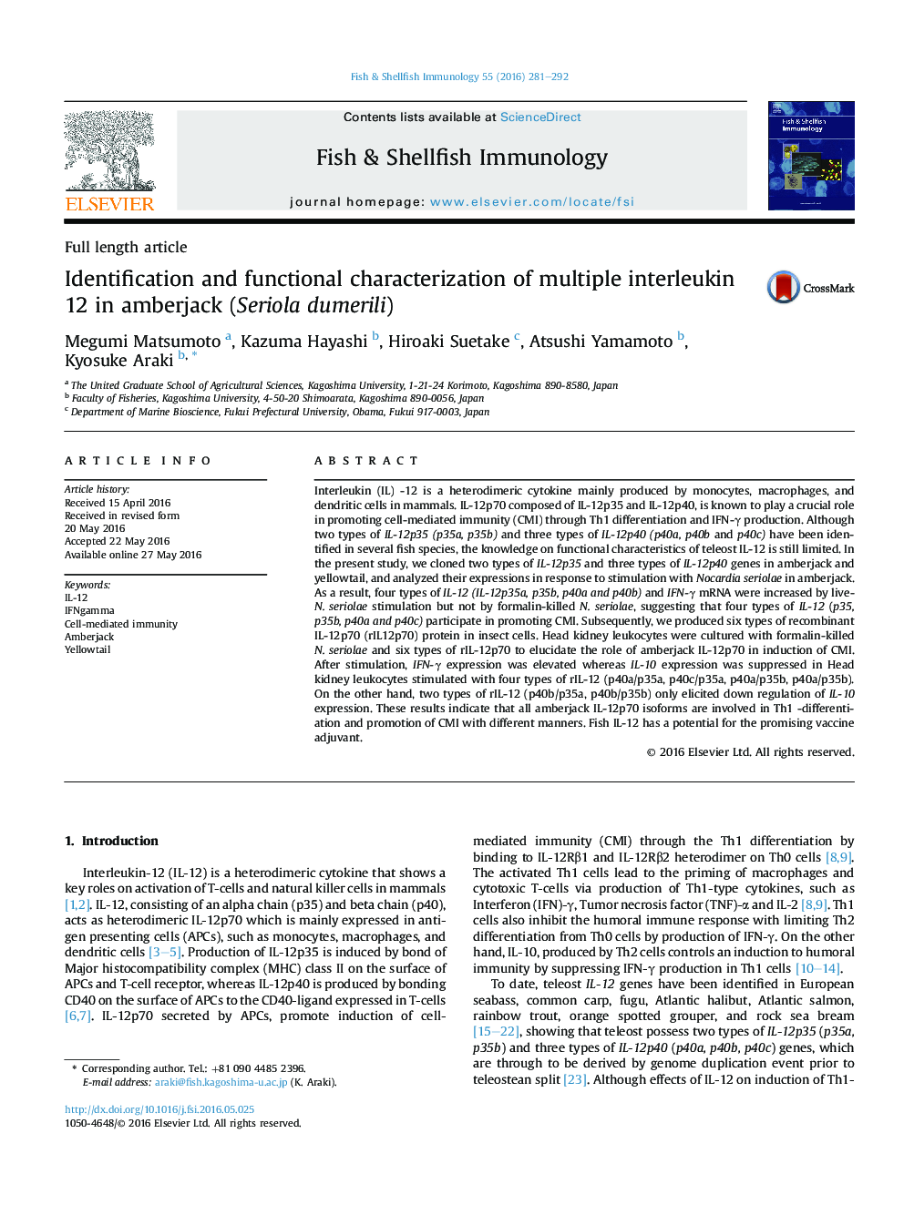 Identification and functional characterization of multiple interleukin 12 in amberjack (Seriola dumerili)