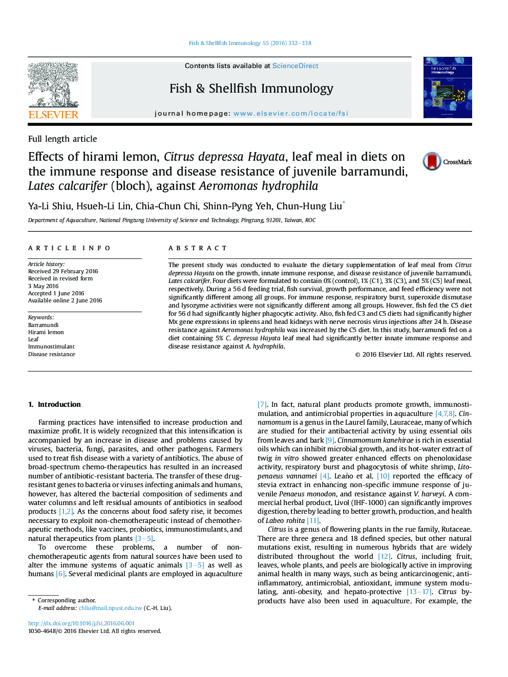 Effects of hirami lemon, Citrus depressa Hayata, leaf meal in diets on the immune response and disease resistance of juvenile barramundi, Lates calcarifer (bloch), against Aeromonas hydrophila