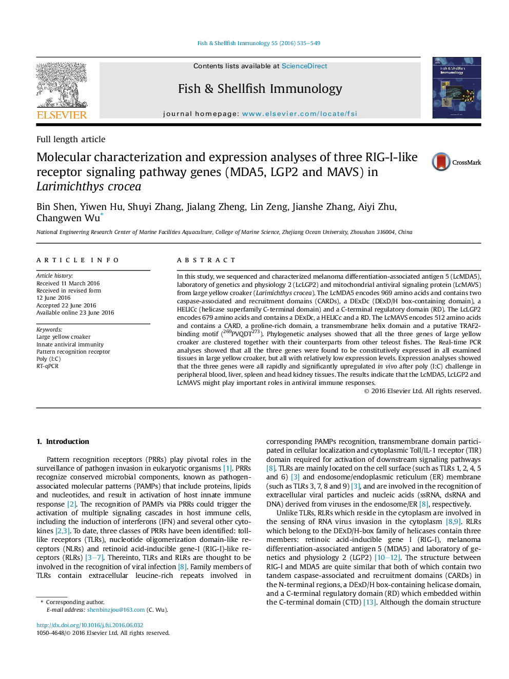 Molecular characterization and expression analyses of three RIG-I-like receptor signaling pathway genes (MDA5, LGP2 and MAVS) in Larimichthys crocea