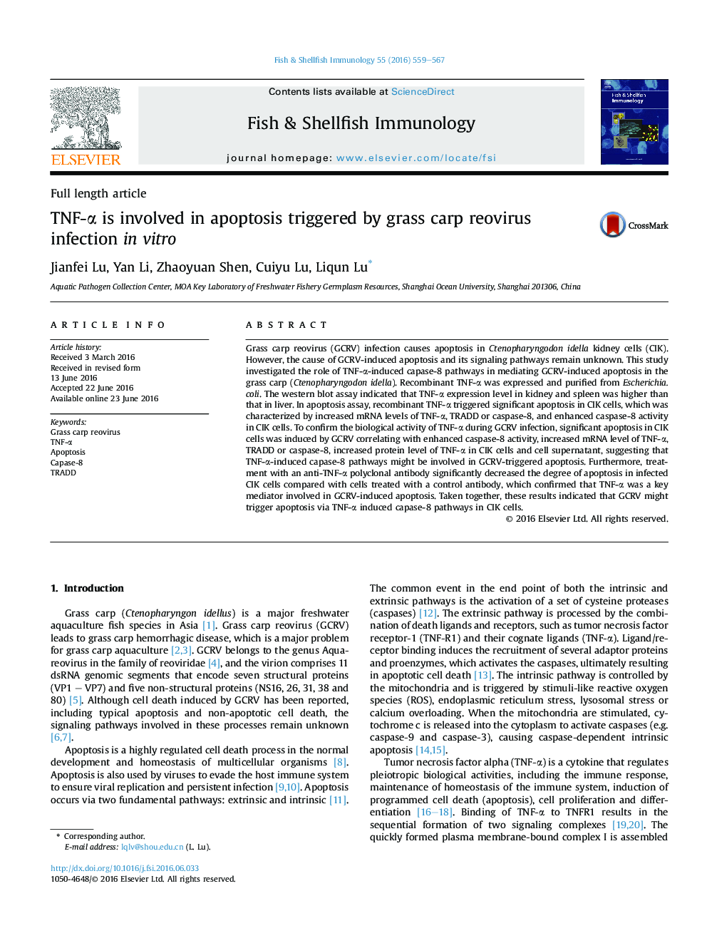 TNF-α is involved in apoptosis triggered by grass carp reovirus infection in vitro