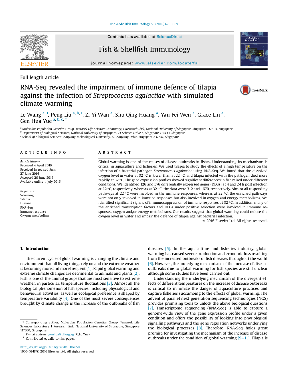 RNA-Seq revealed the impairment of immune defence of tilapia against the infection of Streptococcus agalactiae with simulated climate warming