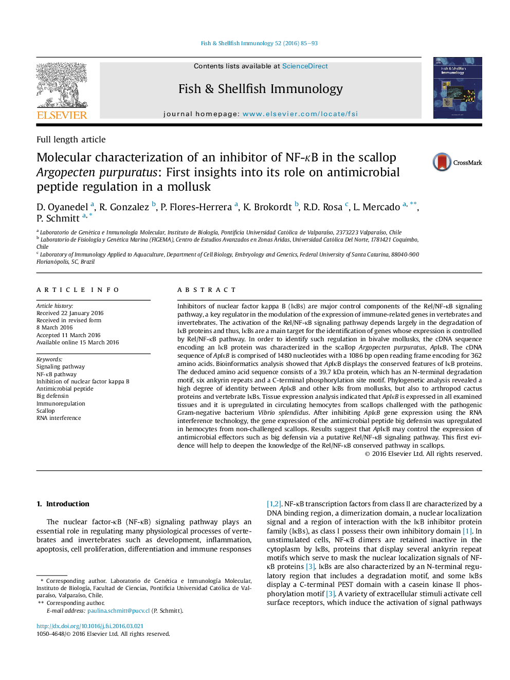 Molecular characterization of an inhibitor of NF-κB in the scallop Argopecten purpuratus: First insights into its role on antimicrobial peptide regulation in a mollusk