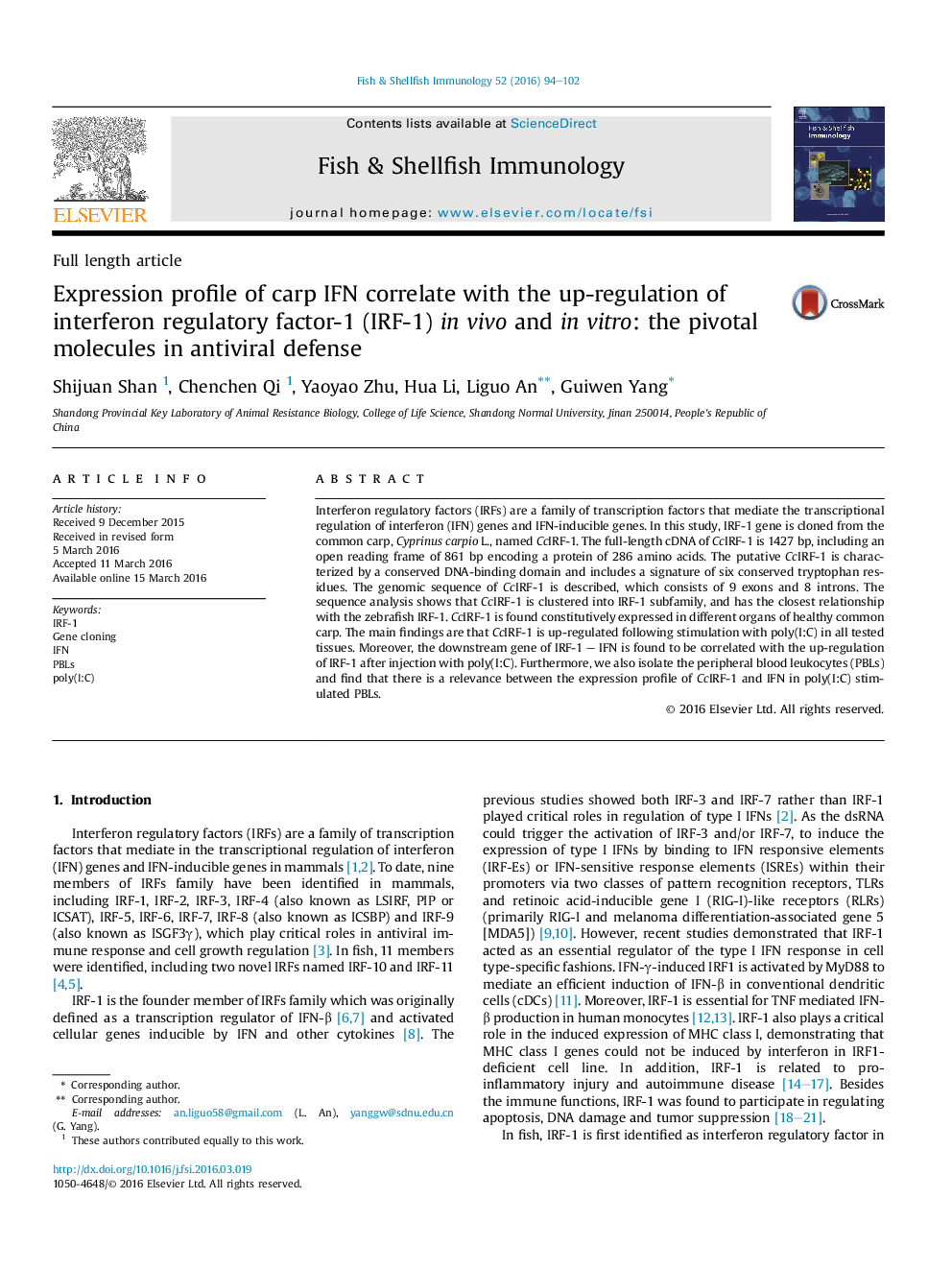 Expression profile of carp IFN correlate with the up-regulation of interferon regulatory factor-1 (IRF-1) in vivo and in vitro: the pivotal molecules in antiviral defense