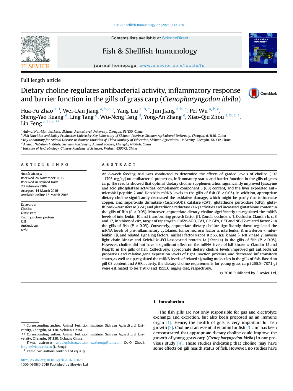 Dietary choline regulates antibacterial activity, inflammatory response and barrier function in the gills of grass carp (Ctenopharyngodon idella)