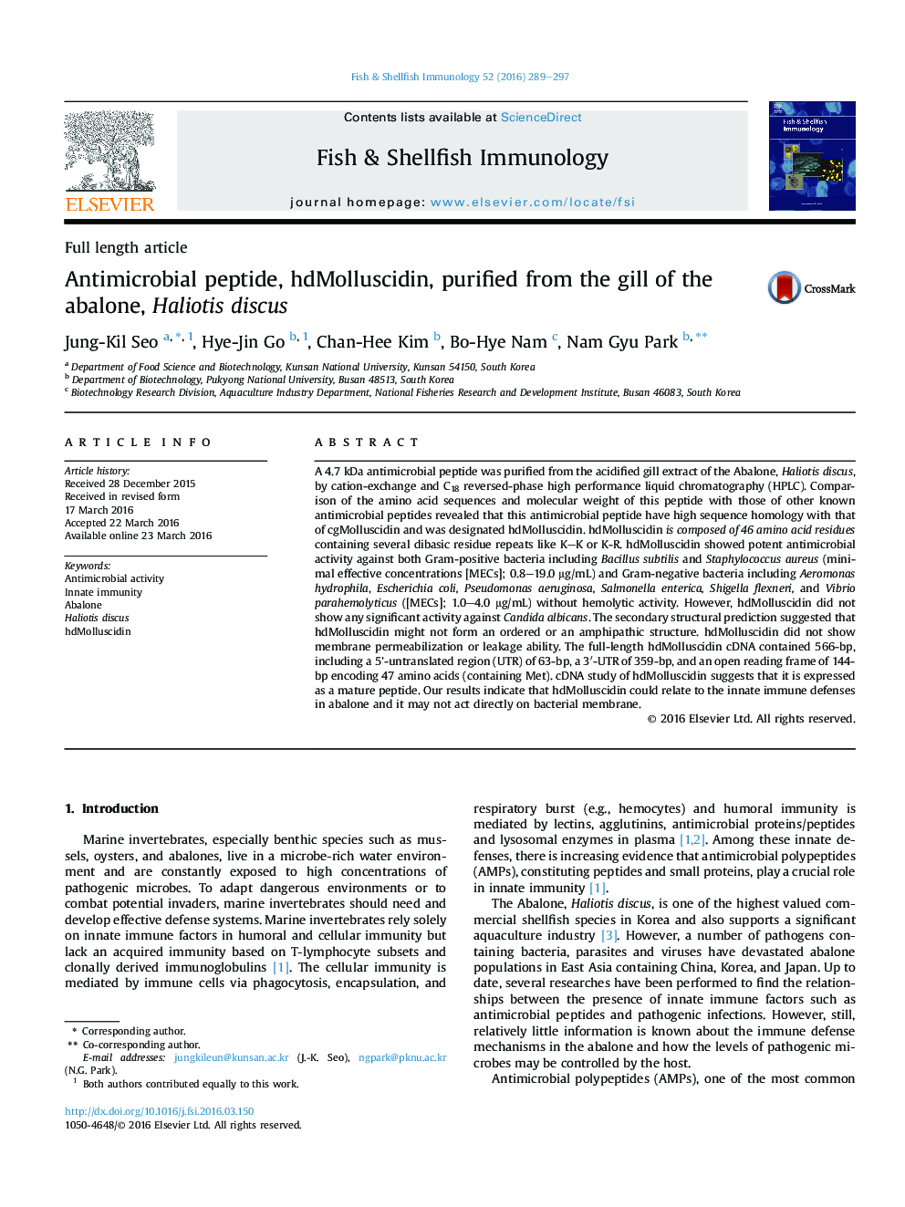 Antimicrobial peptide, hdMolluscidin, purified from the gill of the abalone, Haliotis discus