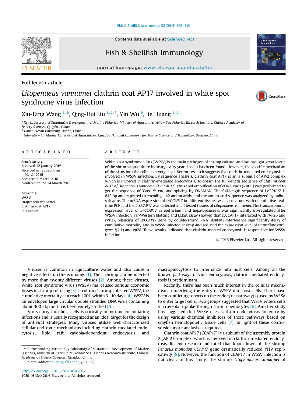 Litopenaeus vannamei clathrin coat AP17 involved in white spot syndrome virus infection