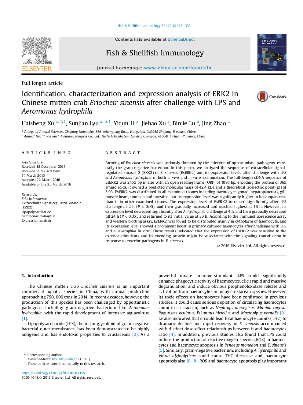 Identification, characterization and expression analysis of ERK2 in Chinese mitten crab Eriocheir sinensis after challenge with LPS and Aeromonas hydrophila