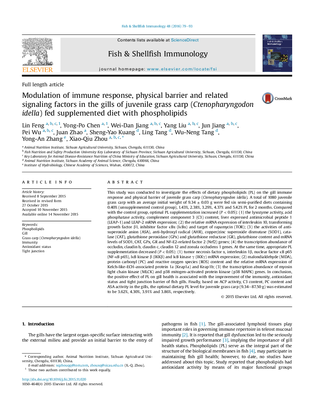 Modulation of immune response, physical barrier and related signaling factors in the gills of juvenile grass carp (Ctenopharyngodon idella) fed supplemented diet with phospholipids