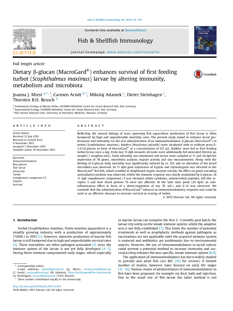 Dietary β-glucan (MacroGard®) enhances survival of first feeding turbot (Scophthalmus maximus) larvae by altering immunity, metabolism and microbiota