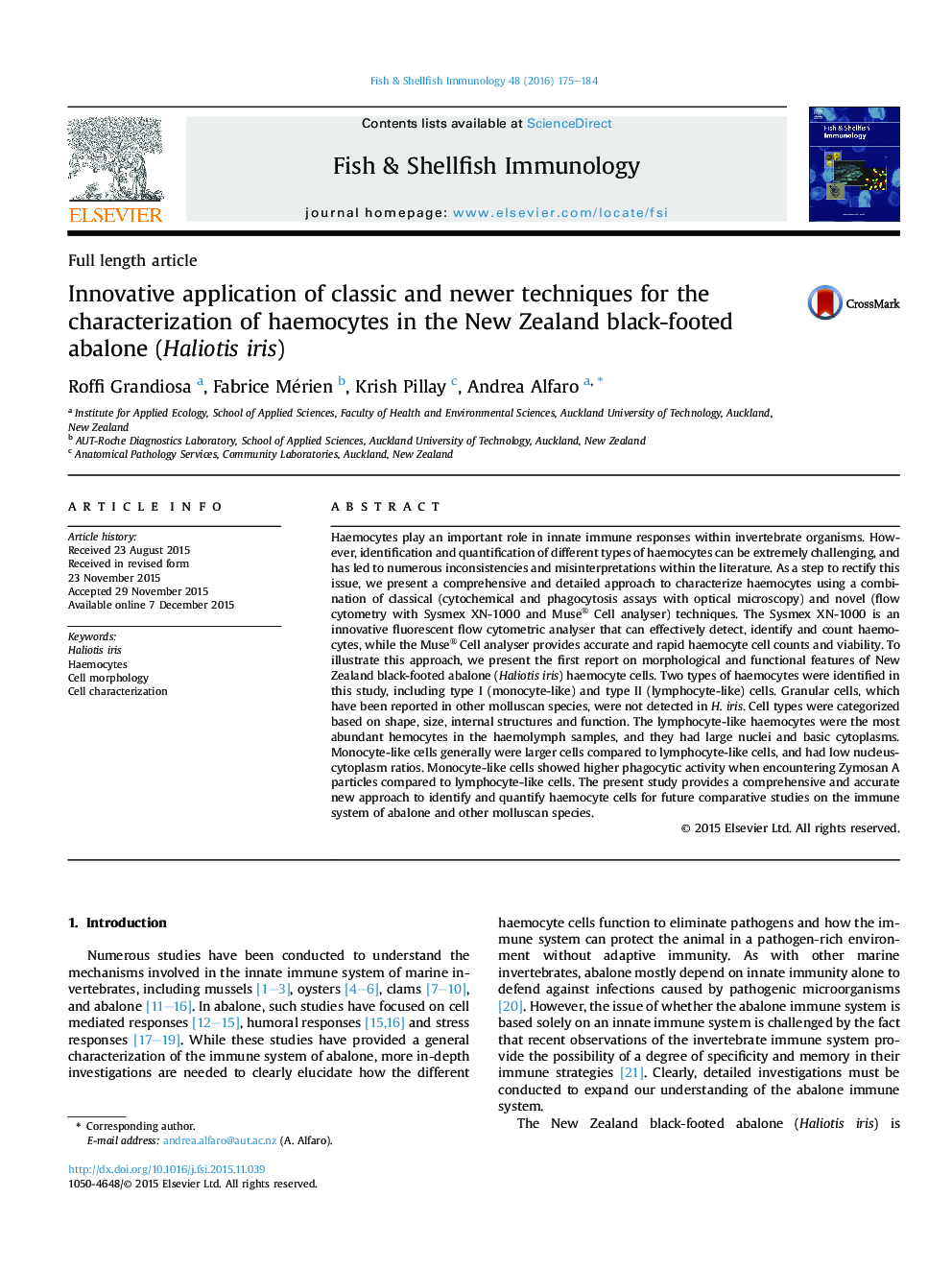 Innovative application of classic and newer techniques for the characterization of haemocytes in the New Zealand black-footed abalone (Haliotis iris)