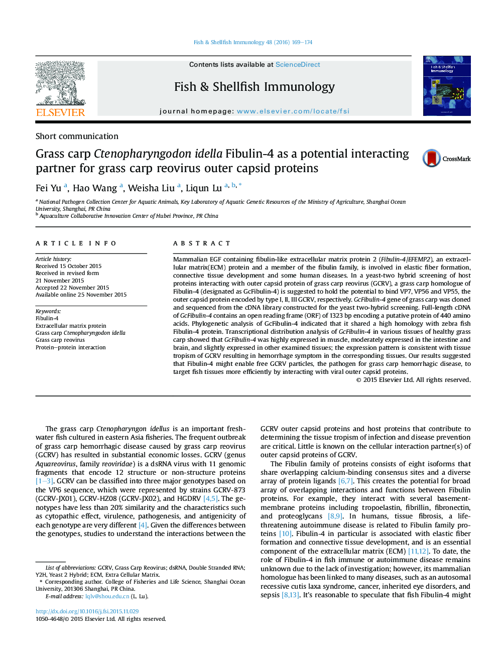 Grass carp Ctenopharyngodon idella Fibulin-4 as a potential interacting partner for grass carp reovirus outer capsid proteins
