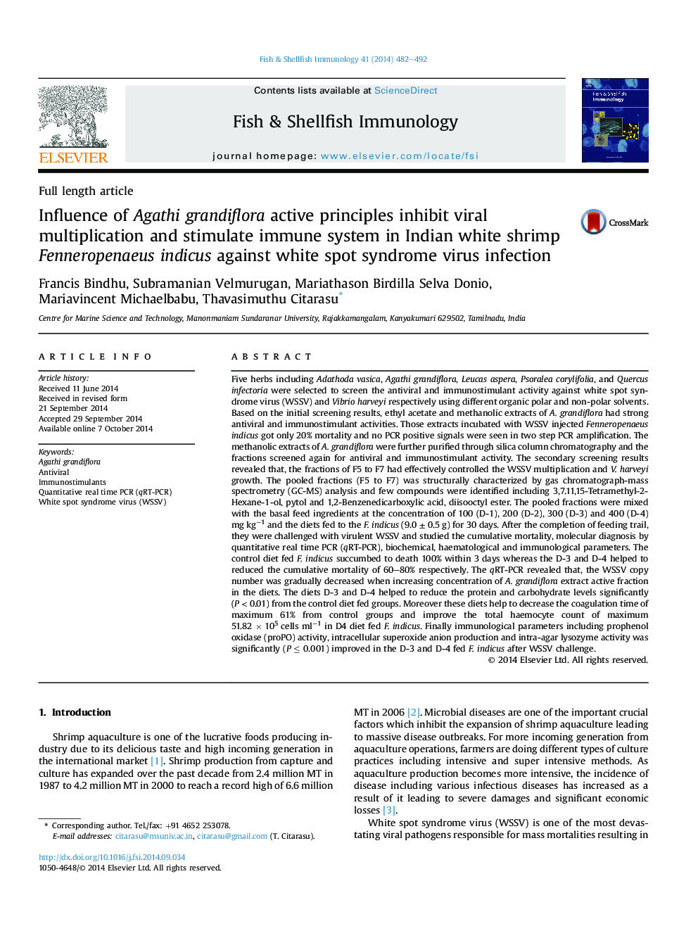 Influence of Agathi grandiflora active principles inhibit viral multiplication and stimulate immune system in Indian white shrimp Fenneropenaeus indicus against white spot syndrome virus infection