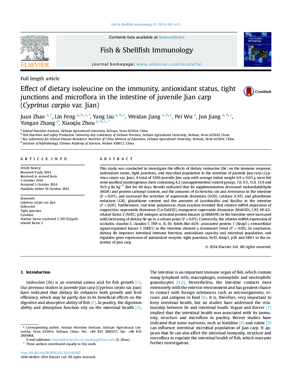 Effect of dietary isoleucine on the immunity, antioxidant status, tight junctions and microflora in the intestine of juvenile Jian carp (Cyprinus carpio var. Jian)