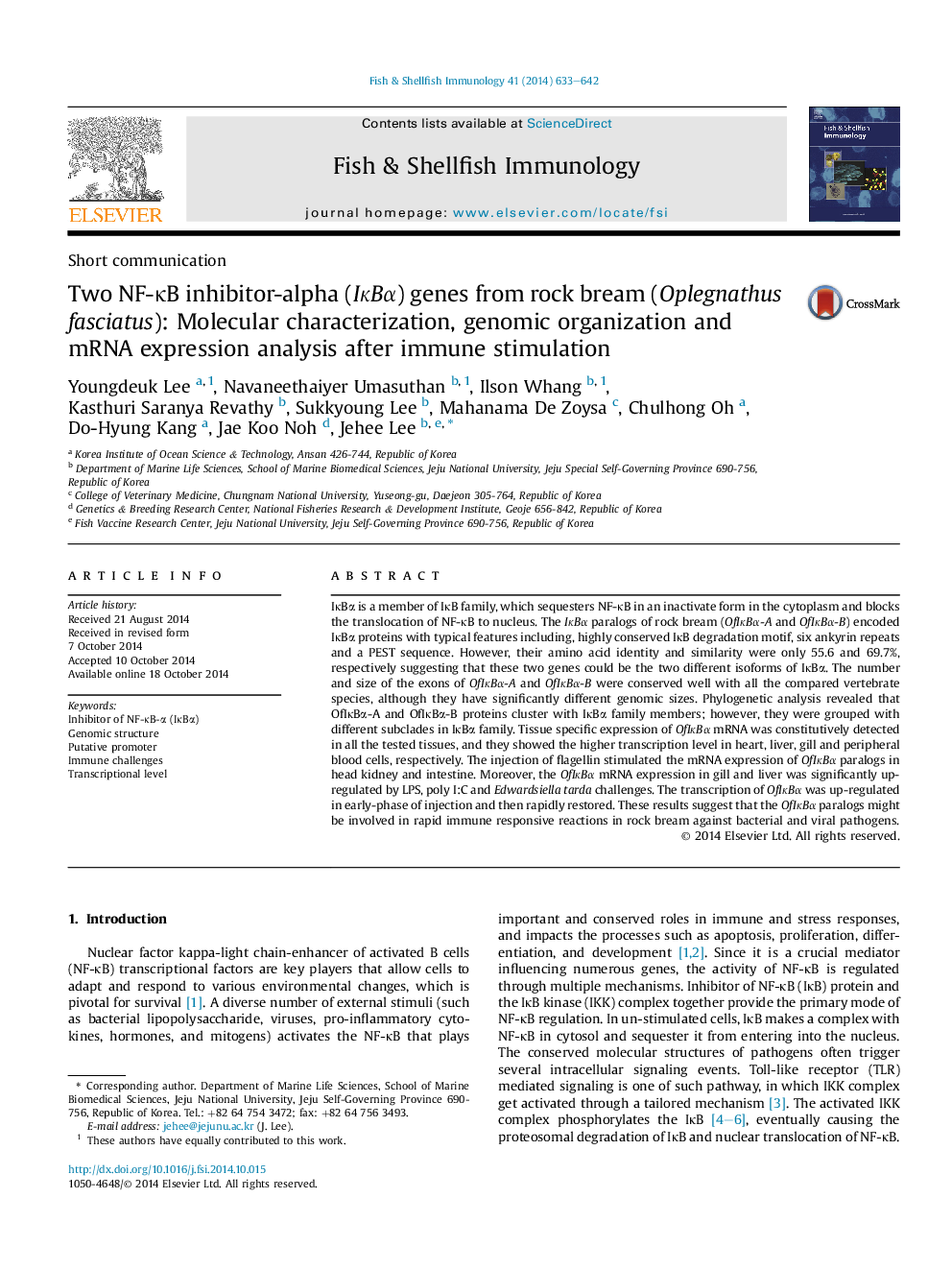 Two NF-κB inhibitor-alpha (IκBα) genes from rock bream (Oplegnathus fasciatus): Molecular characterization, genomic organization and mRNA expression analysis after immune stimulation