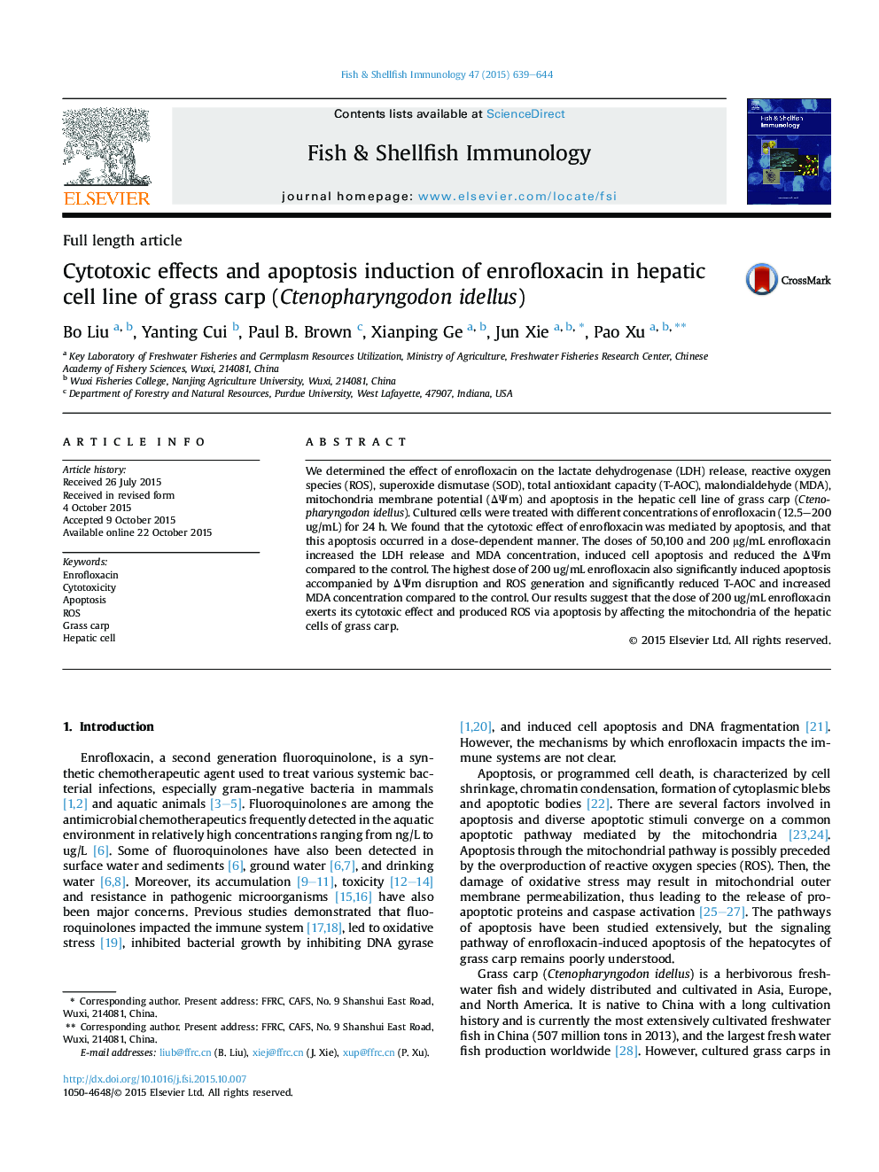 Cytotoxic effects and apoptosis induction of enrofloxacin in hepatic cell line of grass carp (Ctenopharyngodon idellus)