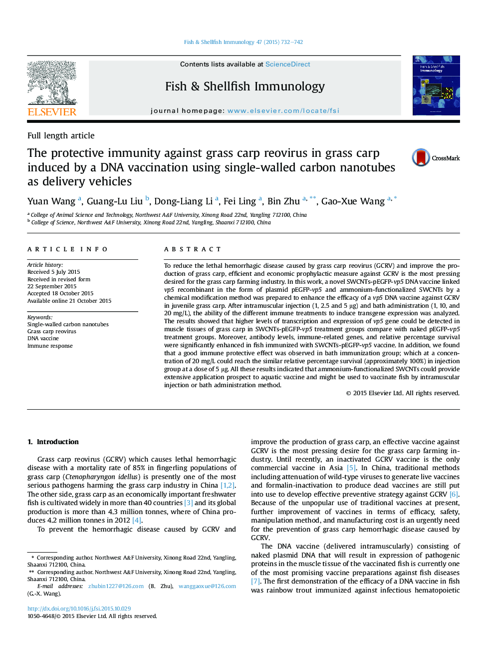 The protective immunity against grass carp reovirus in grass carp induced by a DNA vaccination using single-walled carbon nanotubes as delivery vehicles