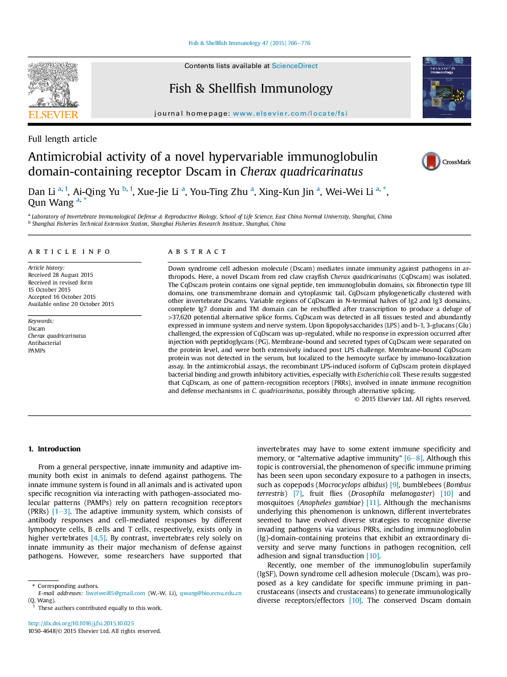 Antimicrobial activity of a novel hypervariable immunoglobulin domain-containing receptor Dscam in Cherax quadricarinatus