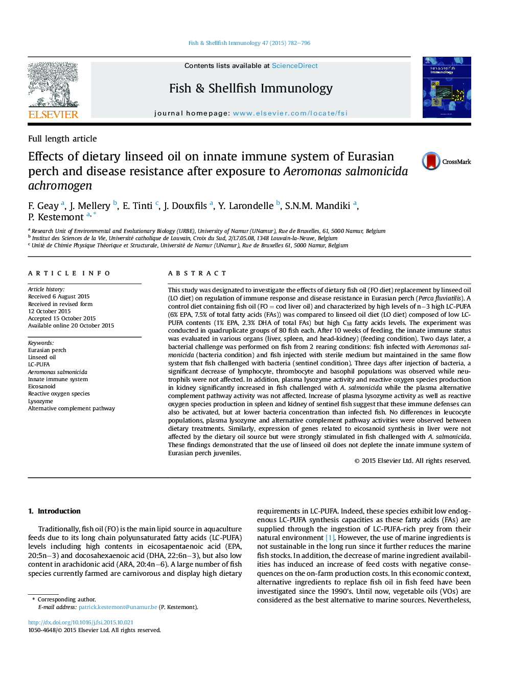 Effects of dietary linseed oil on innate immune system of Eurasian perch and disease resistance after exposure to Aeromonas salmonicida achromogen