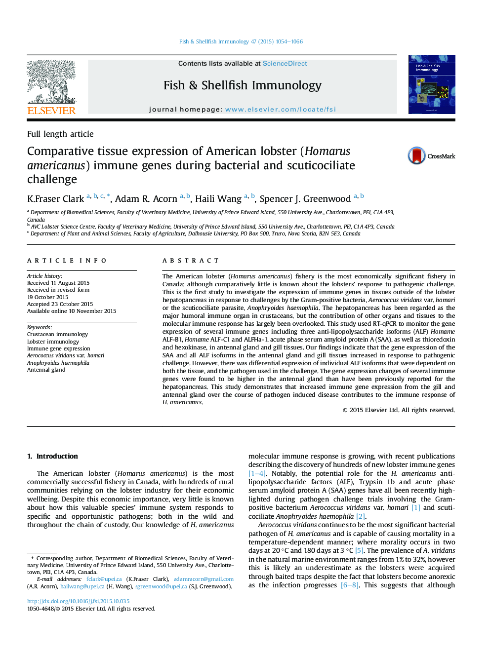 Comparative tissue expression of American lobster (Homarus americanus) immune genes during bacterial and scuticociliate challenge