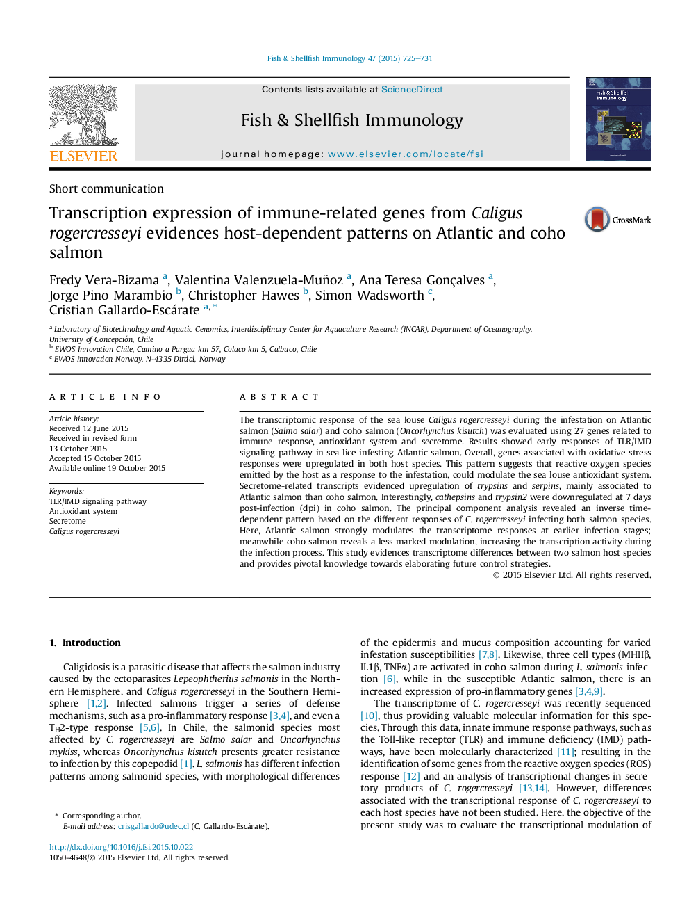 Transcription expression of immune-related genes from Caligus rogercresseyi evidences host-dependent patterns on Atlantic and coho salmon