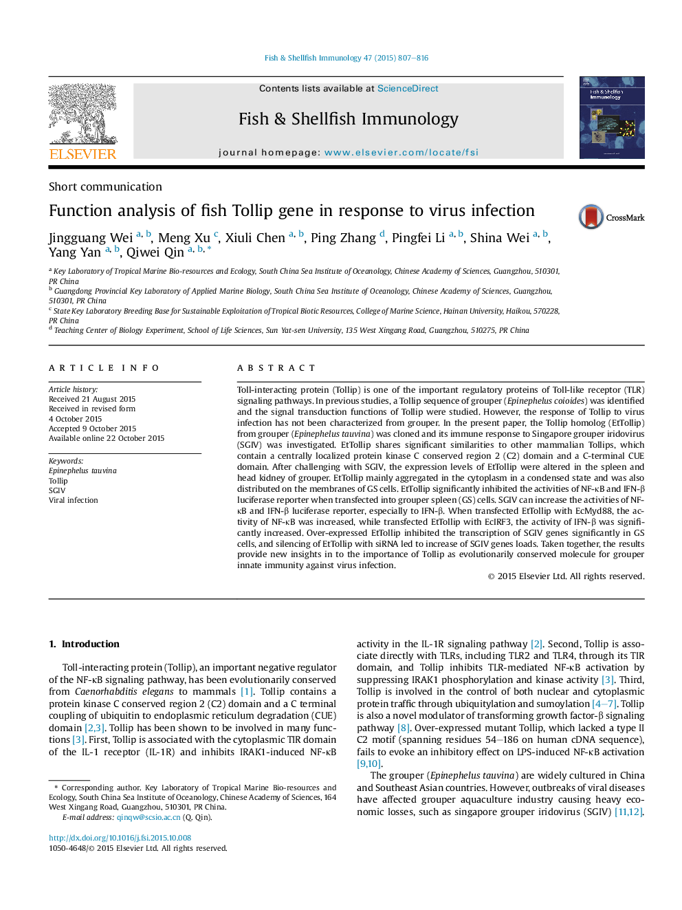 Function analysis of fish Tollip gene in response to virus infection