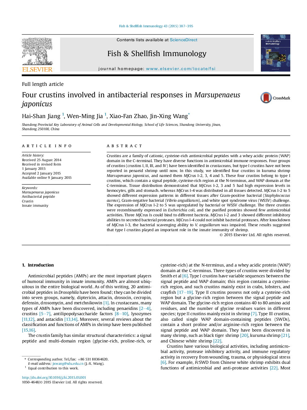 Four crustins involved in antibacterial responses in Marsupenaeus japonicus