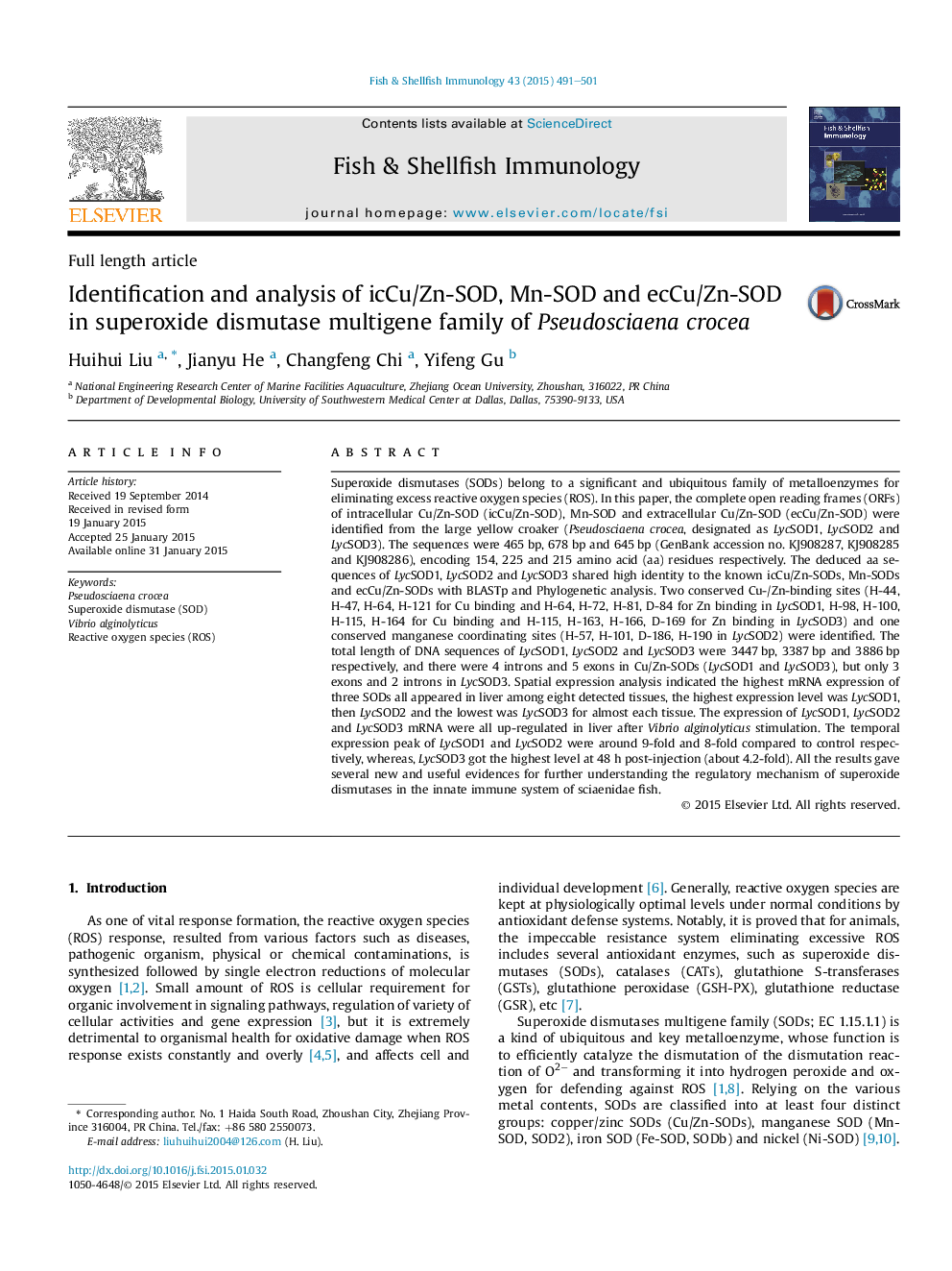 Identification and analysis of icCu/Zn-SOD, Mn-SOD and ecCu/Zn-SOD in superoxide dismutase multigene family of Pseudosciaena crocea