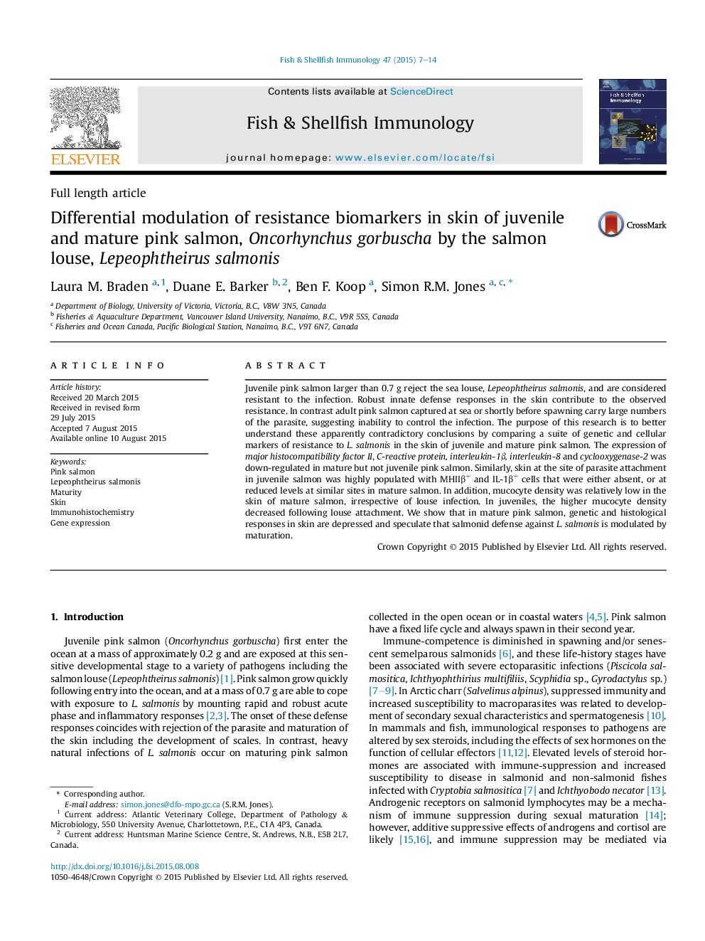 Differential modulation of resistance biomarkers in skin of juvenile and mature pink salmon, Oncorhynchus gorbuscha by the salmon louse, Lepeophtheirus salmonis