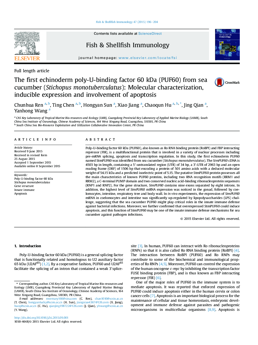عکس صفحه اول مقاله: The first echinoderm poly-U-binding factor 60 kDa (PUF60) from sea cucumber (Stichopus monotuberculatus): Molecular characterization, inducible expression and involvement of apoptosis The first echinoderm poly-U-binding factor 60 kDa (PUF60) from sea cucumber (Stichopus monotuberculatus): Molecular characterization, inducible expression and involvement of apoptosis