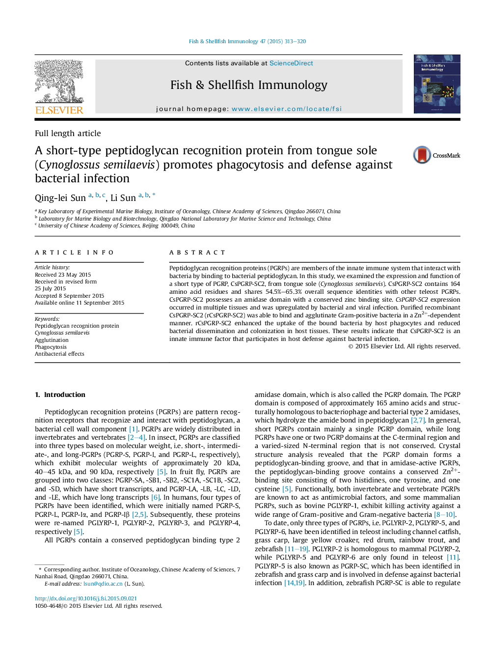 A short-type peptidoglycan recognition protein from tongue sole (Cynoglossus semilaevis) promotes phagocytosis and defense against bacterial infection