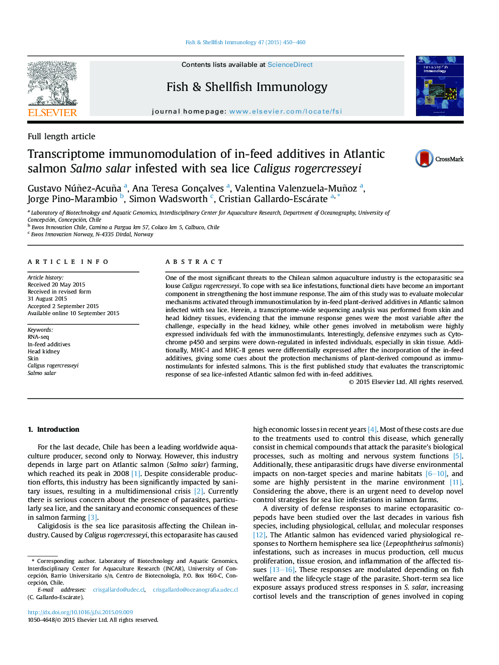 Transcriptome immunomodulation of in-feed additives in Atlantic salmon Salmo salar infested with sea lice Caligus rogercresseyi