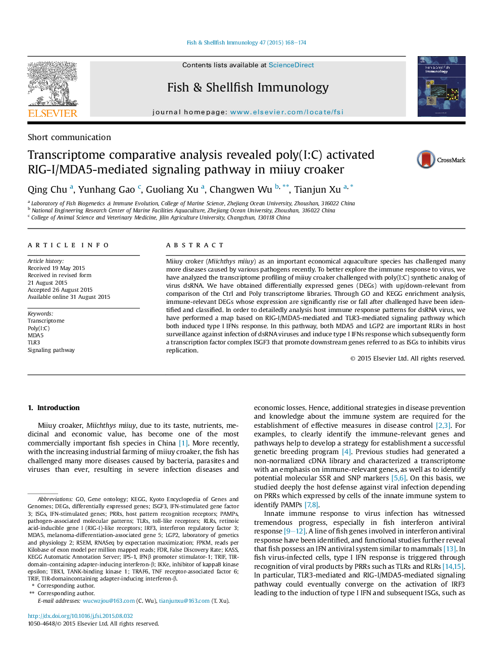 Transcriptome comparative analysis revealed poly(I:C) activated RIG-I/MDA5-mediated signaling pathway in miiuy croaker