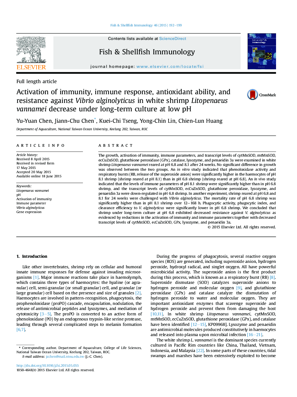 Activation of immunity, immune response, antioxidant ability, and resistance against Vibrio alginolyticus in white shrimp Litopenaeus vannamei decrease under long-term culture at low pH