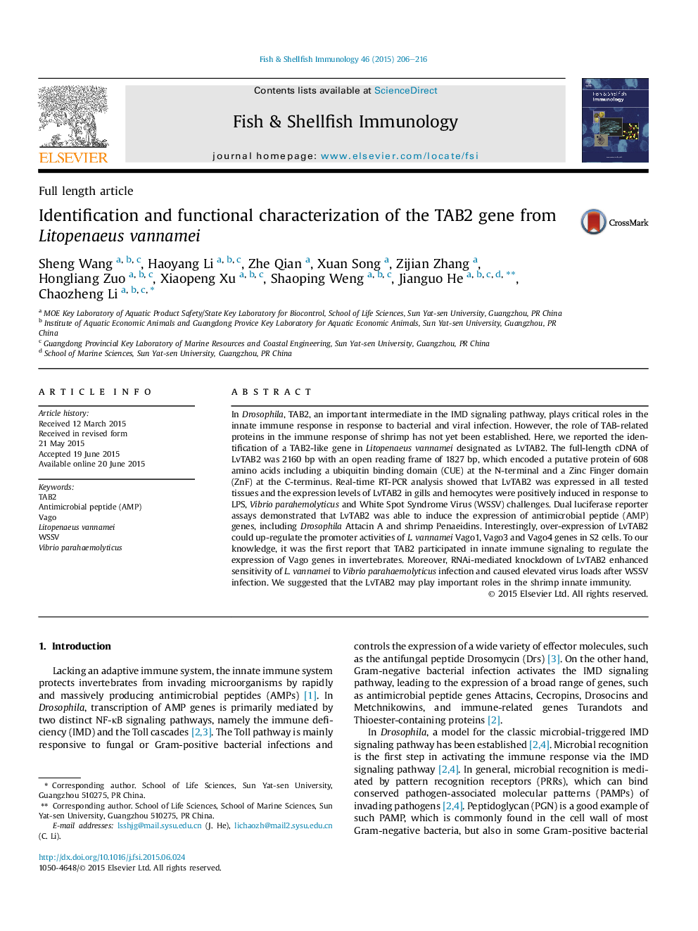 Identification and functional characterization of the TAB2 gene from Litopenaeus vannamei