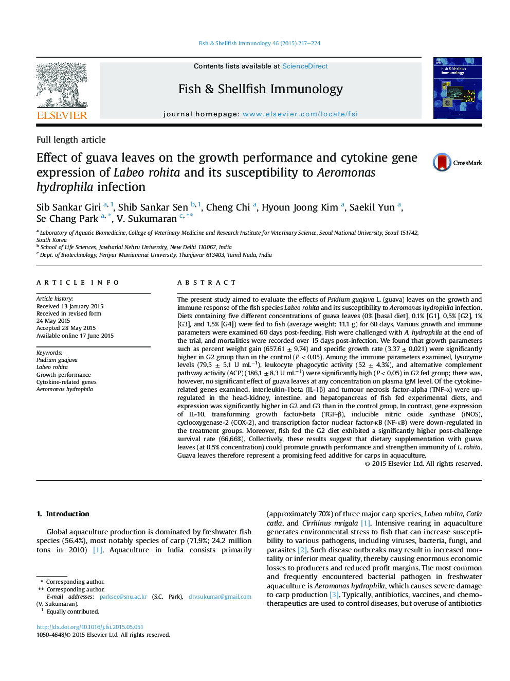 Effect of guava leaves on the growth performance and cytokine gene expression of Labeo rohita and its susceptibility to Aeromonas hydrophila infection