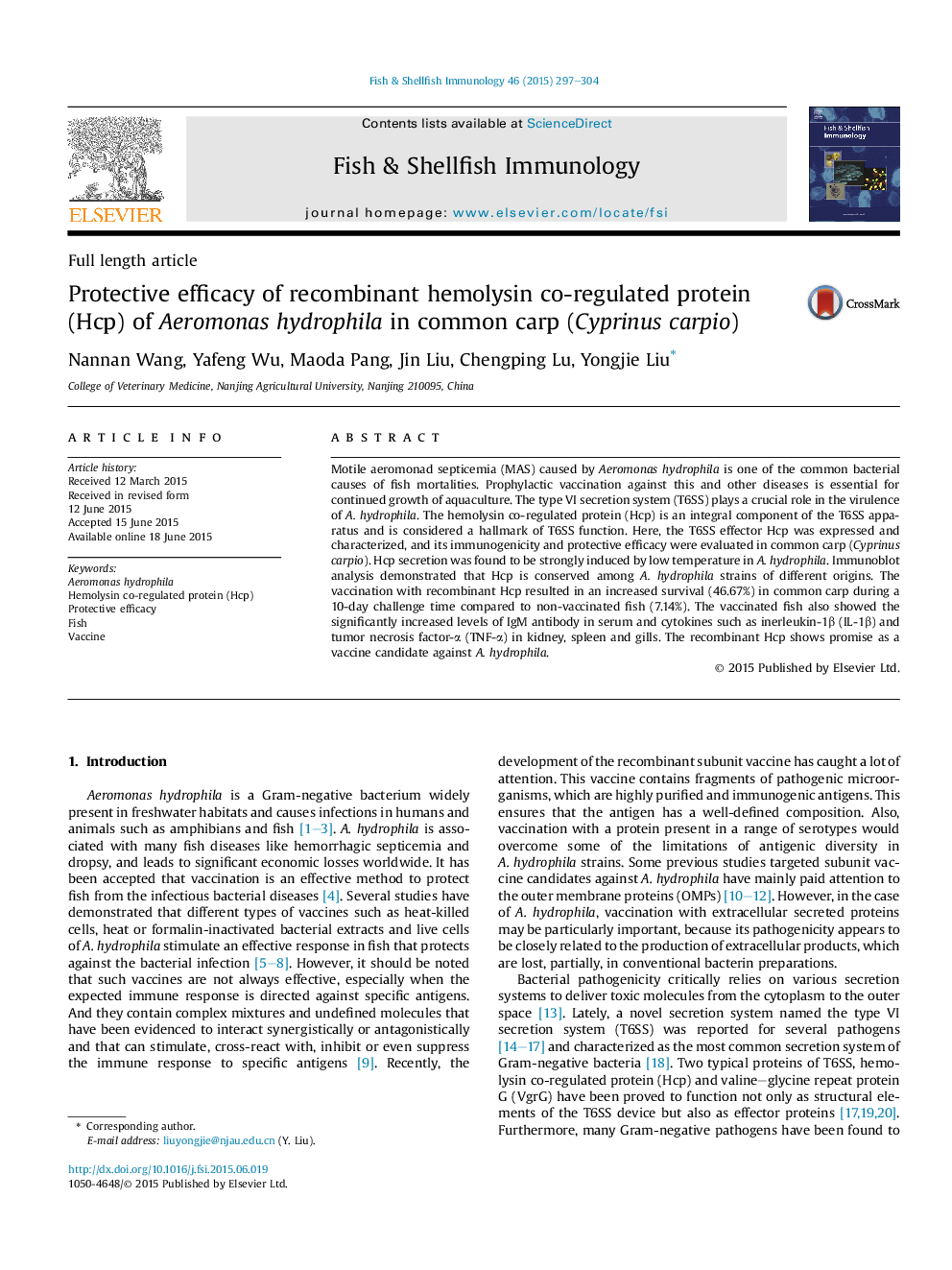 Protective efficacy of recombinant hemolysin co-regulated protein (Hcp) of Aeromonas hydrophila in common carp (Cyprinus carpio)