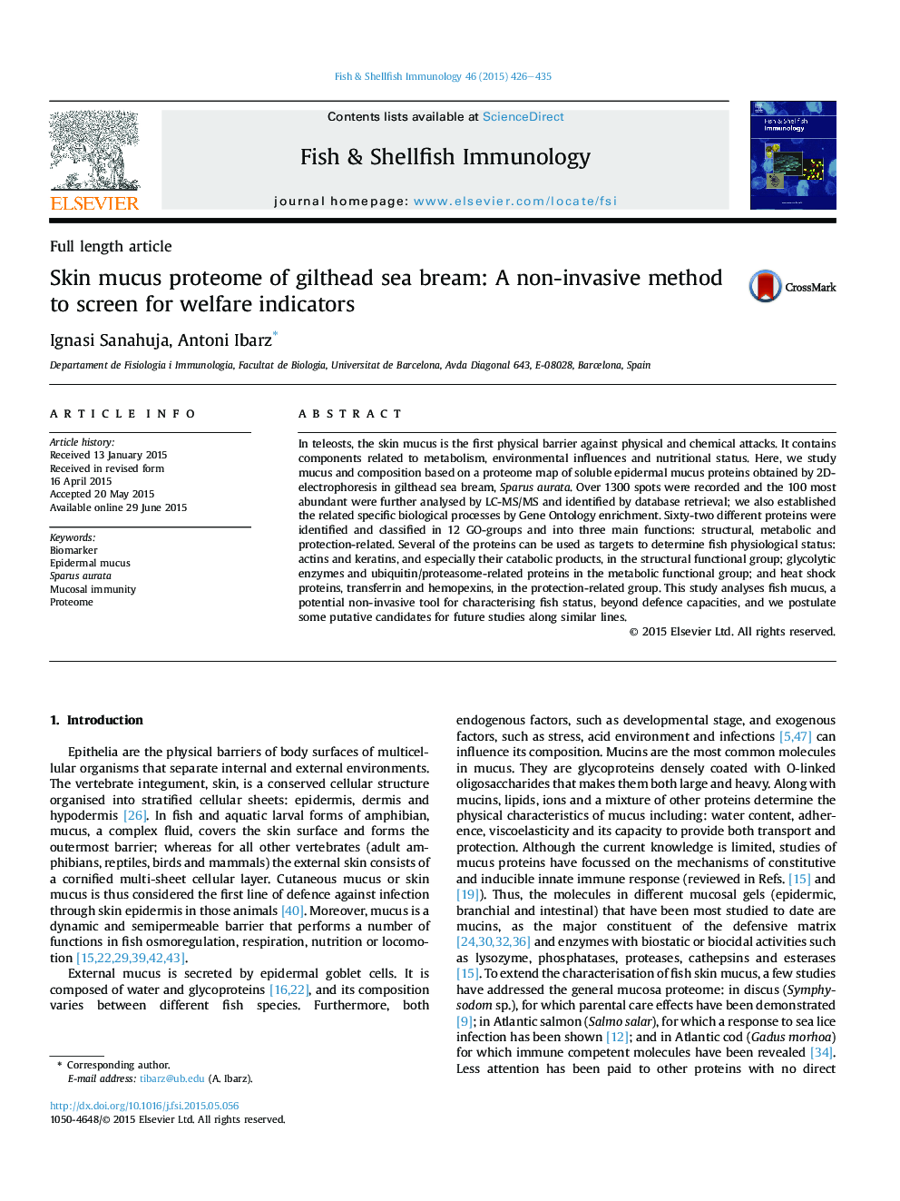 Skin mucus proteome of gilthead sea bream: A non-invasive method to screen for welfare indicators
