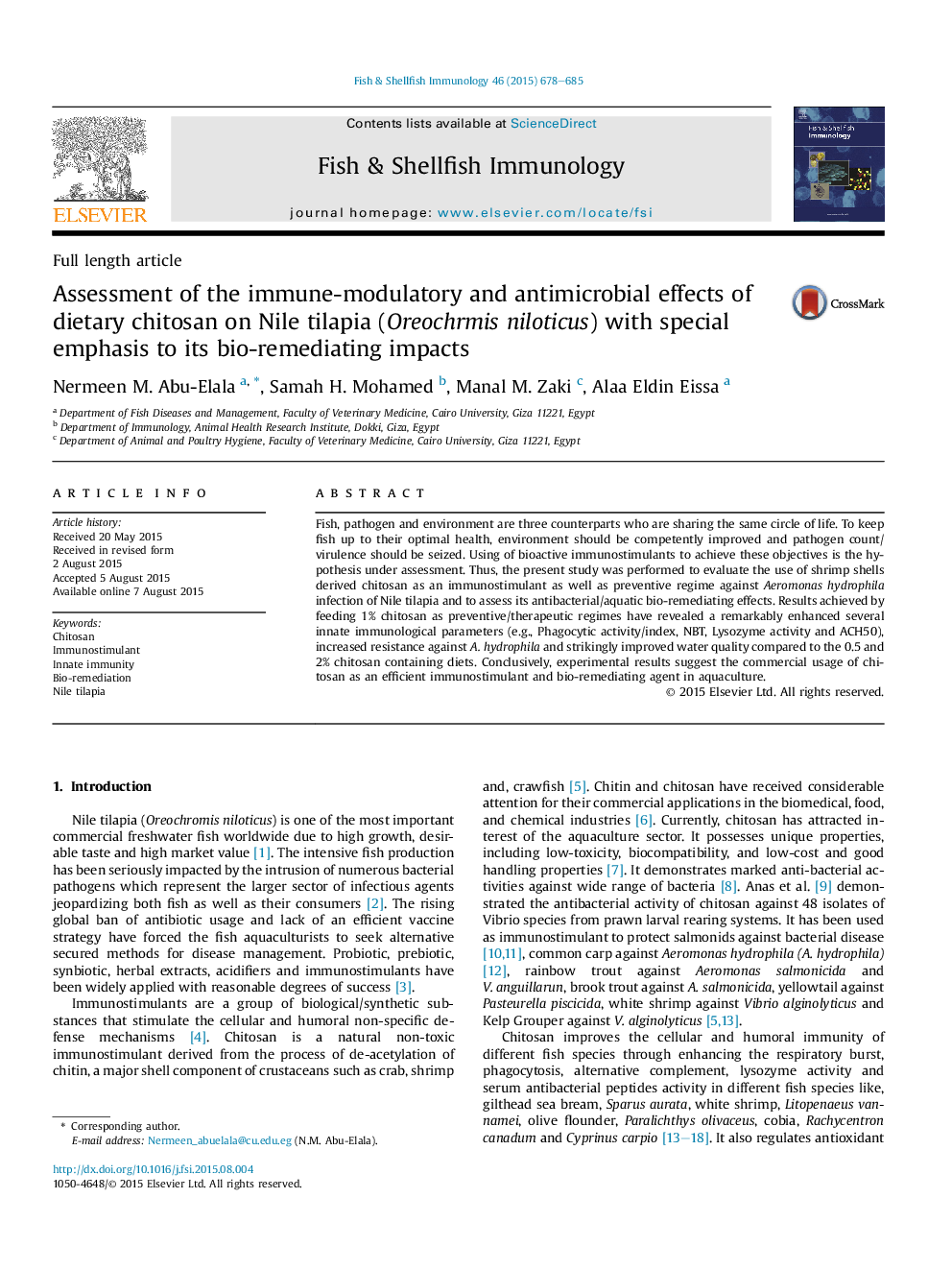 Assessment of the immune-modulatory and antimicrobial effects of dietary chitosan on Nile tilapia (Oreochrmis niloticus) with special emphasis to its bio-remediating impacts