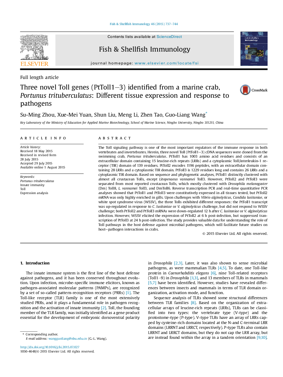 Three novel Toll genes (PtToll1–3) identified from a marine crab, Portunus trituberculatus: Different tissue expression and response to pathogens