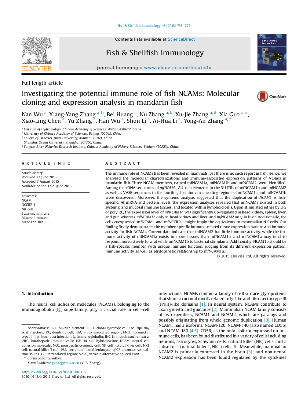 Investigating the potential immune role of fish NCAMs: Molecular cloning and expression analysis in mandarin fish