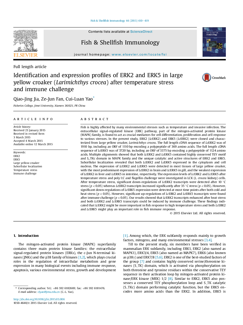 Identification and expression profiles of ERK2 and ERK5 in large yellow croaker (Larimichthys crocea) after temperature stress and immune challenge