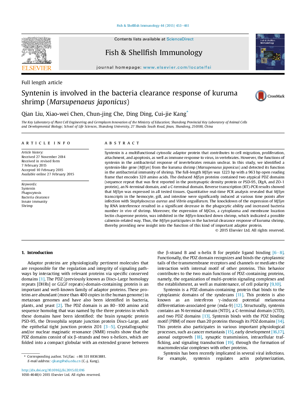 Syntenin is involved in the bacteria clearance response of kuruma shrimp (Marsupenaeus japonicus)