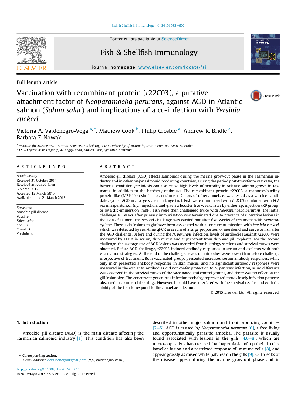 Vaccination with recombinant protein (r22C03), a putative attachment factor of Neoparamoeba perurans, against AGD in Atlantic salmon (Salmo salar) and implications of a co-infection with Yersinia ruckeri