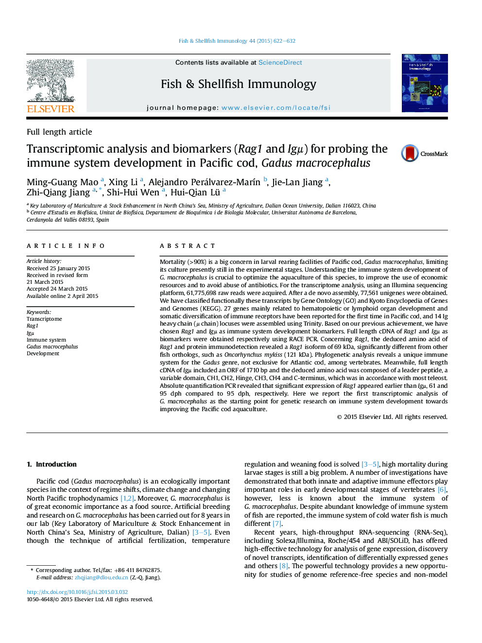 Transcriptomic analysis and biomarkers (Rag1 and Igμ) for probing the immune system development in Pacific cod, Gadus macrocephalus